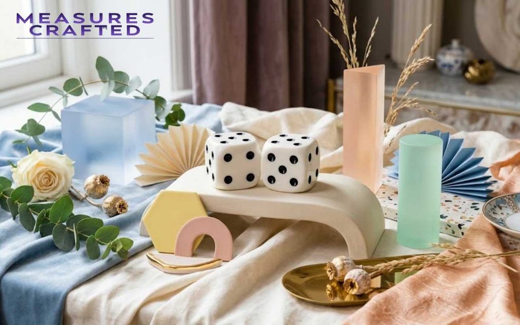 Two dice resting on a curved pedestal. Fabrics, geometric acrylic shapes, and delicate botanicals fill the scene.