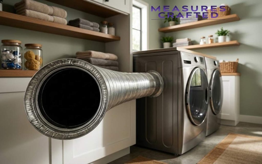 Modern laundry room with a flexible metal dryer vent pipe and shelves with towels.