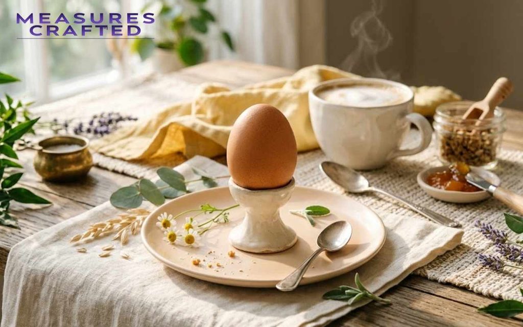 A 2 inches chicken egg stands upright in a ceramic pedestal cup on a table. Surrounded by a coffee, linen and tiny flowers.