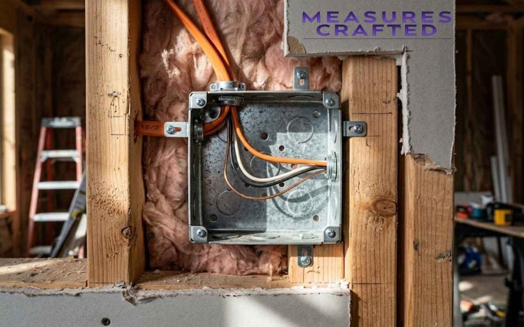 Metal electrical box with orange wires on a wood stud with pink insulation.