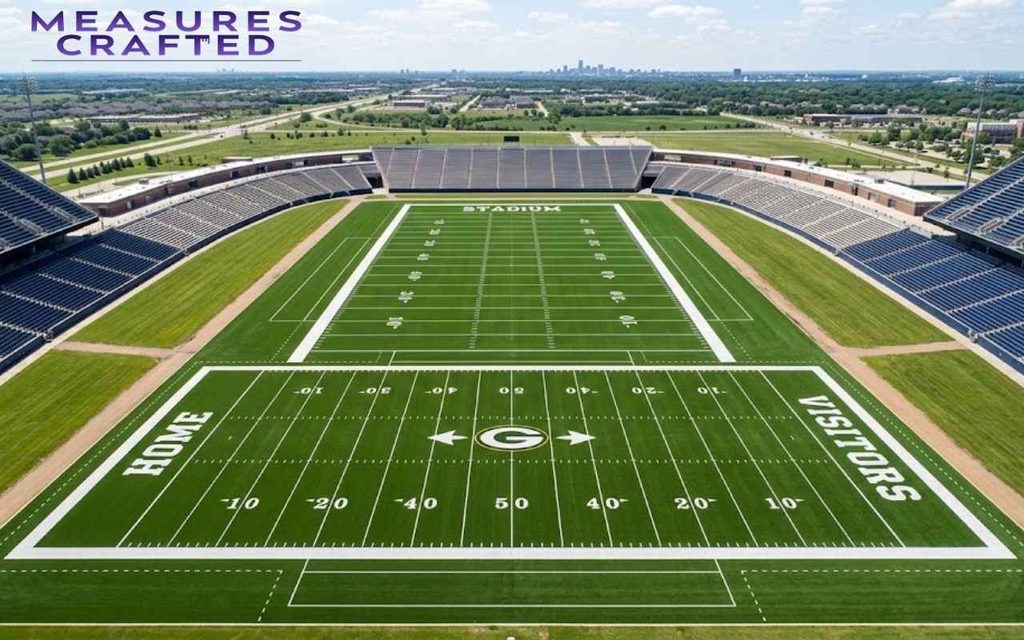 An aerial photograph of an empty American football stadium with green turf and white yard markers on a clear, sunny day.