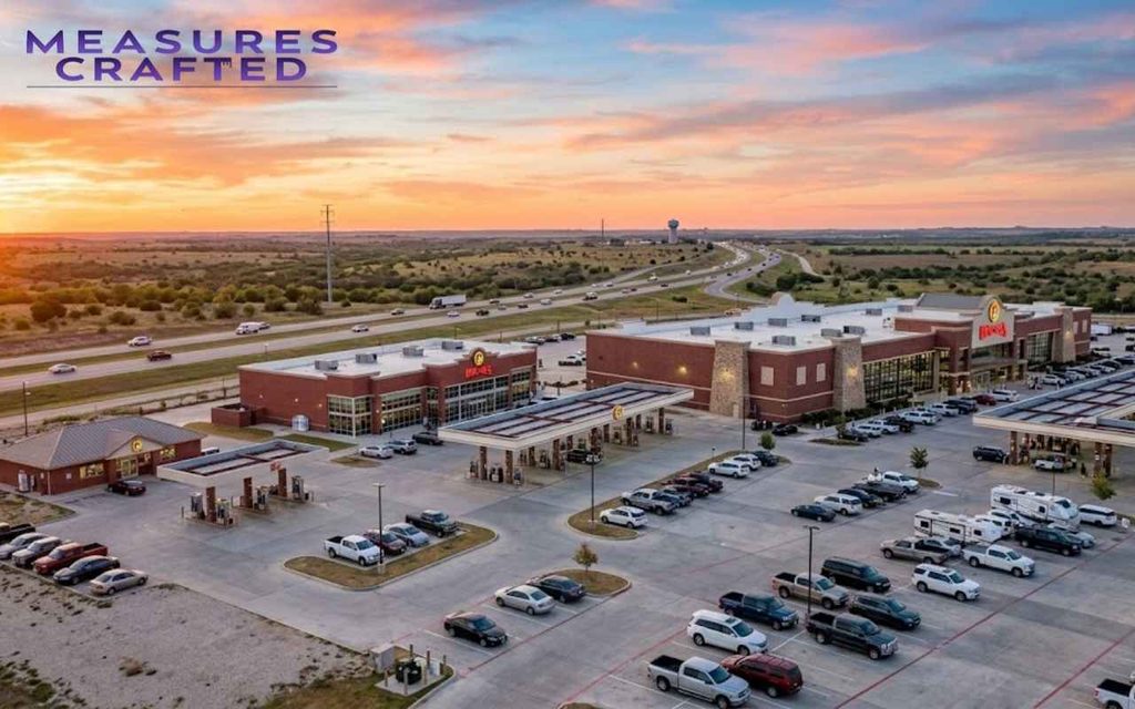 Progression of three gas station travel centers expanding in size along a Texas highway at sunrise.