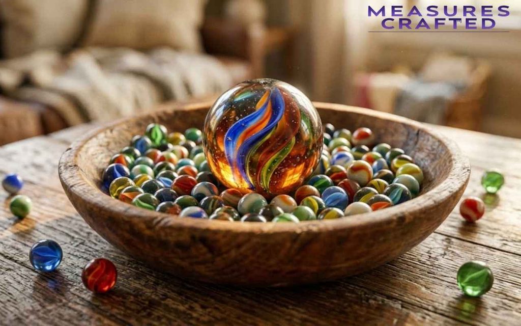 Close-up of a large, colorful glass marble resting in a rustic wooden bowl with smaller marbles.