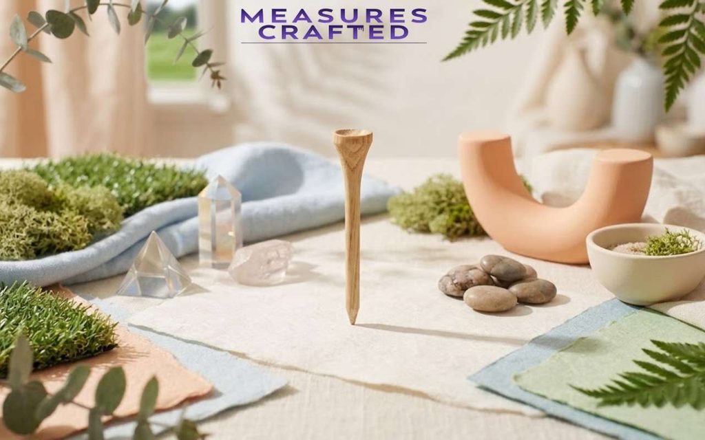 2 inches wooden golf tee standing upright on paper. Surrounded by grass, moss, crystals, and ceramic objects.