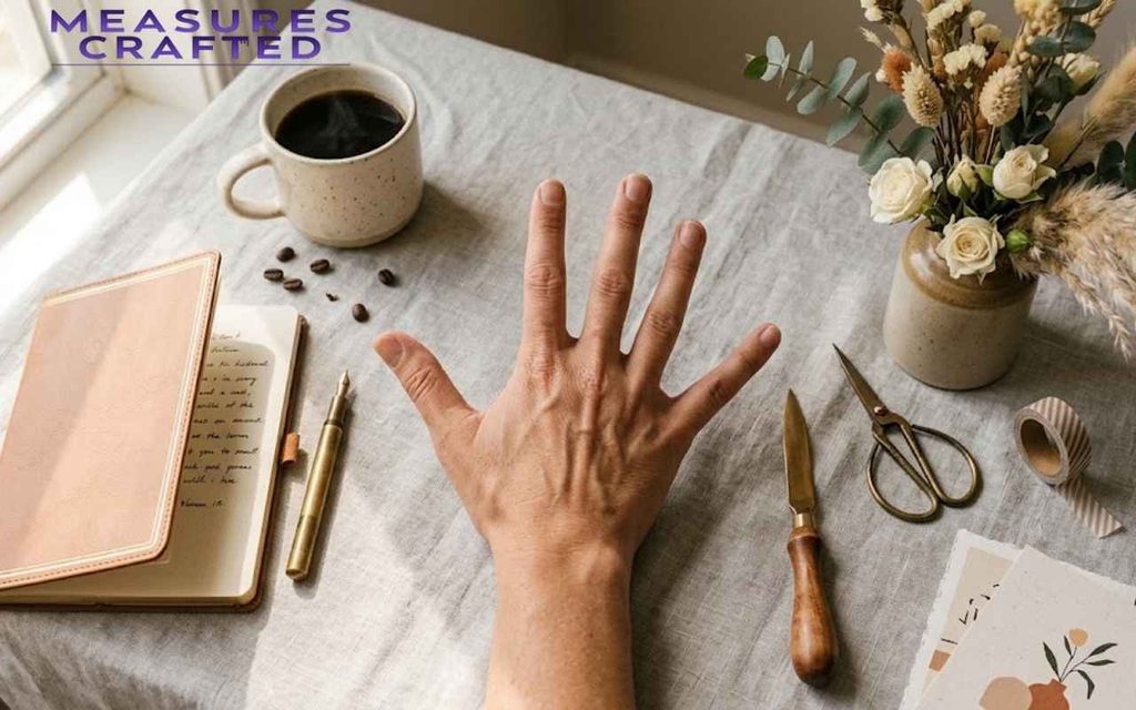 An open hand flat on a linen table surrounded by a notebook, coffee mug, scissors, and dried flowers.