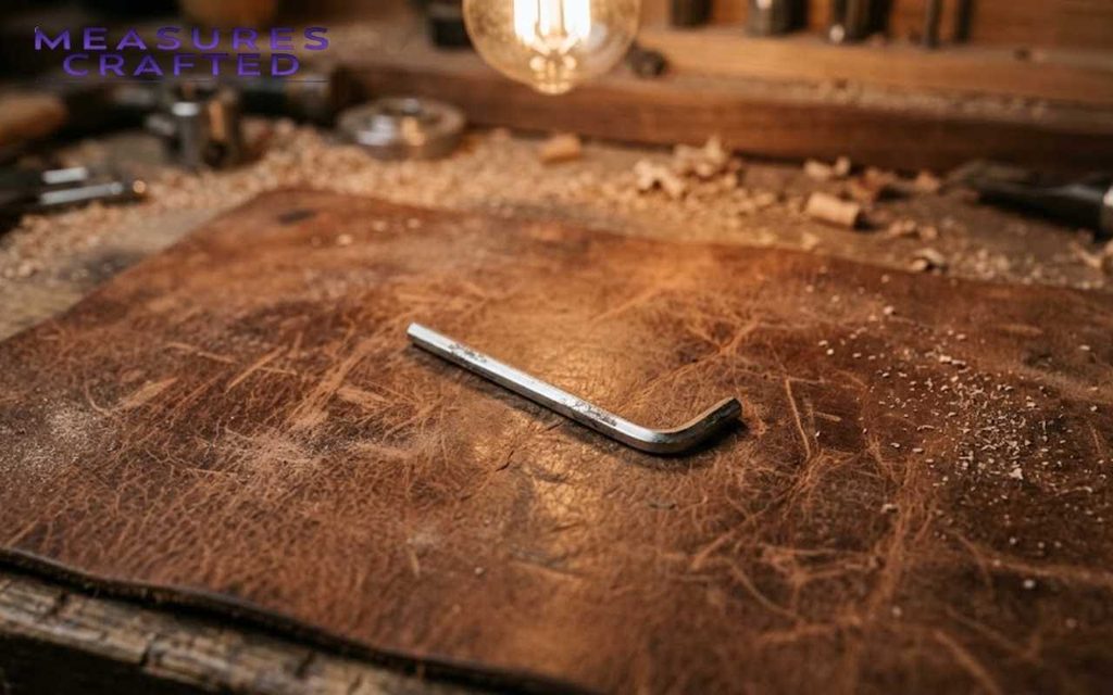 2mm silver hex key lying on a worn leather mat atop a wood workbench, lit by an overhead bulb.