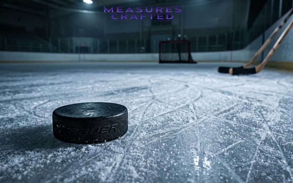 Close-up of a 1 inch thick hockey puck on scratched ice with a distant goal and sticks.