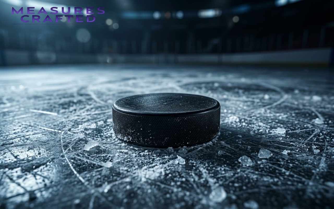 A 3 inches regulation black hockey puck resting on scratched, frosty arena ice.