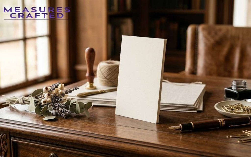 A blank cream card stands on a vintage wood desk, showing its 3 inches wide edge.