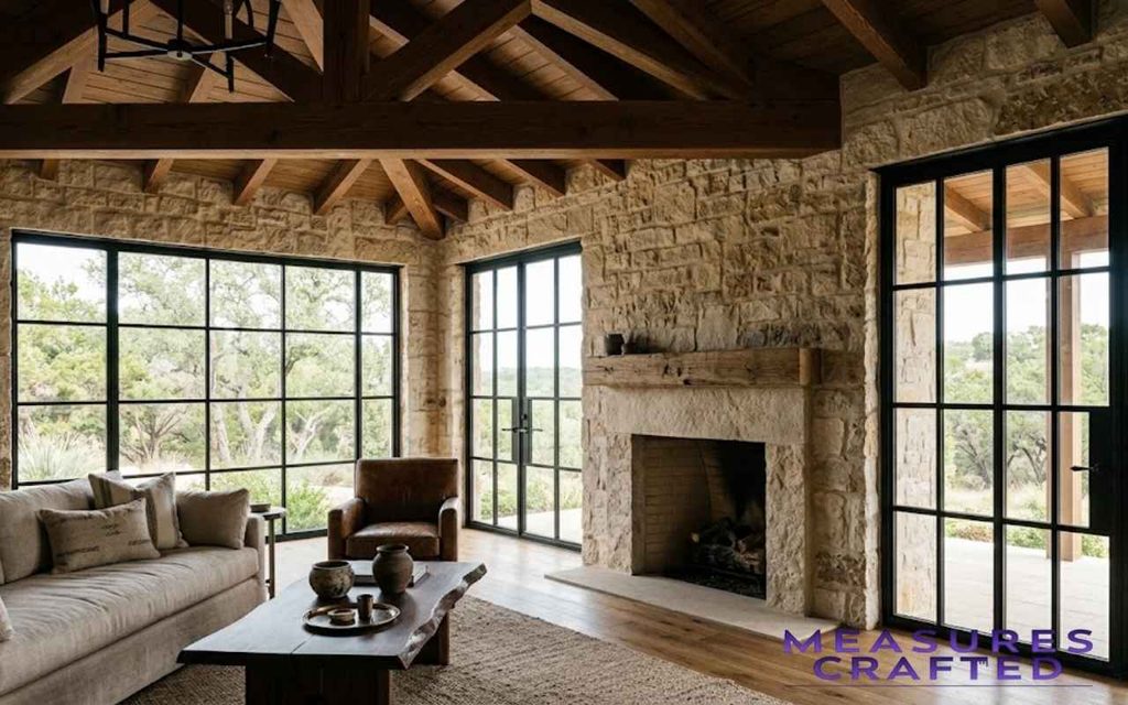 Modern-rustic living room with limestone walls, timber beams, and steel windows.
