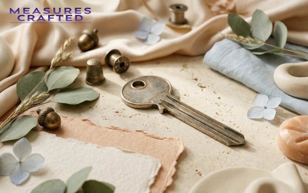 A 2 inches vintage key is centered on textured stone. Silk fabric, eucalyptus leaves, and brass items frame it.