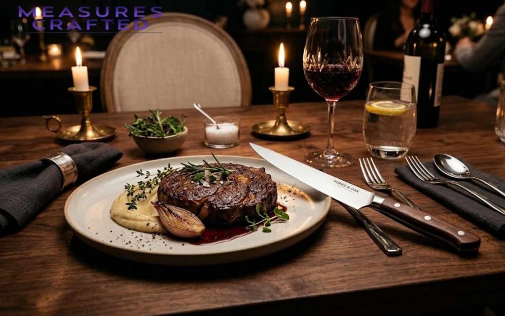 Steak dinner with wine on a candlelit wooden table with a large knife and a small bowl of greens.