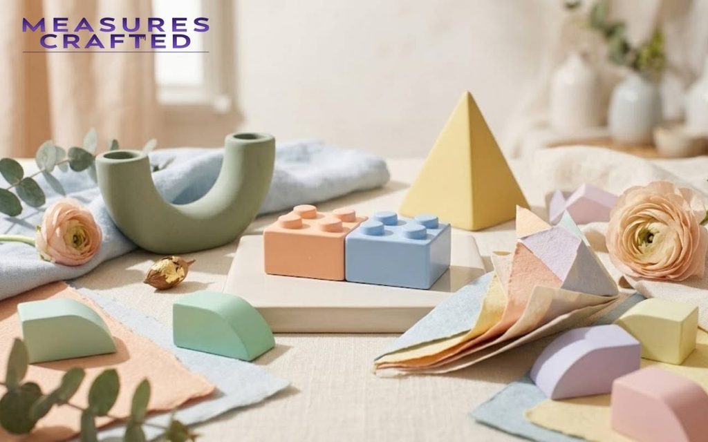 Two pastel toy building bricks displayed side by side. Surrounded by folded paper, soft fabrics, and ceramic shapes.