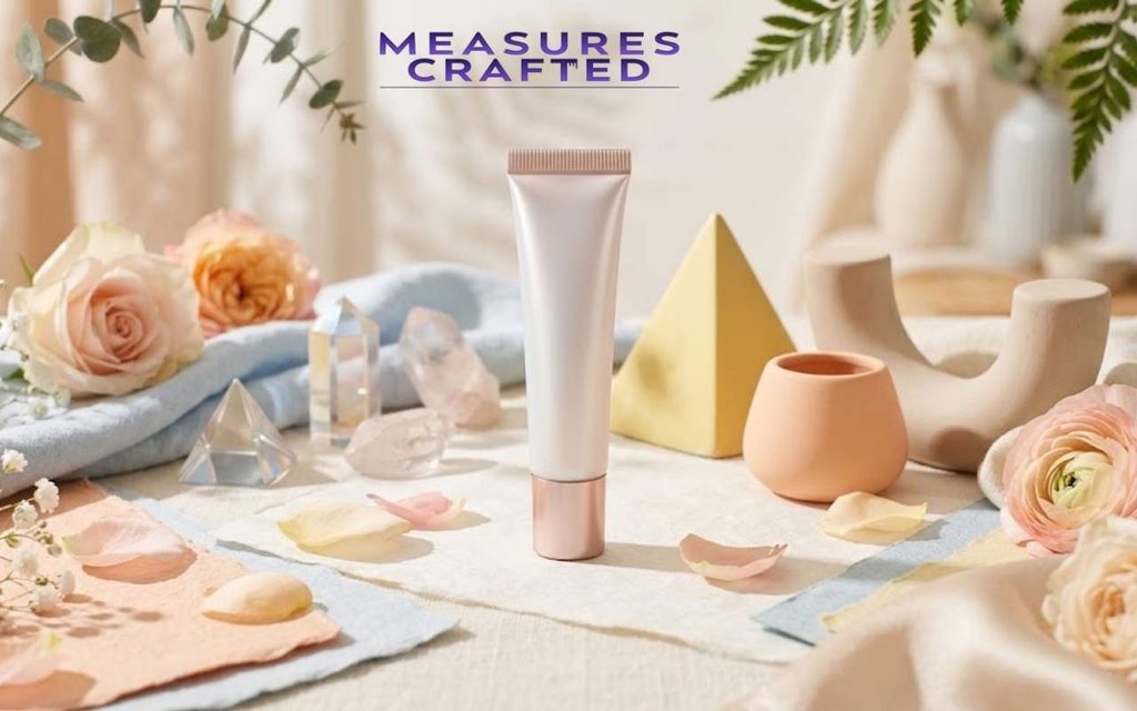 Unbranded lip balm tube standing on cloth. Surrounded by pastel ceramics, crystals, soft fabrics, and roses.