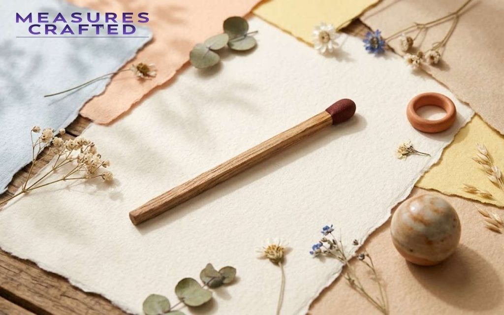 Matchstick positioned diagonally across paper. Surrounded by pastel paper scraps, dried florals and ceramic pieces.