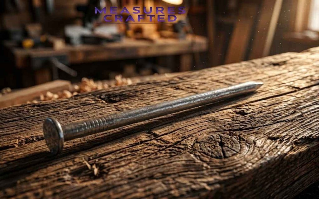 Rusty 4 inches metal nail resting on a rough wooden surface in a workshop.