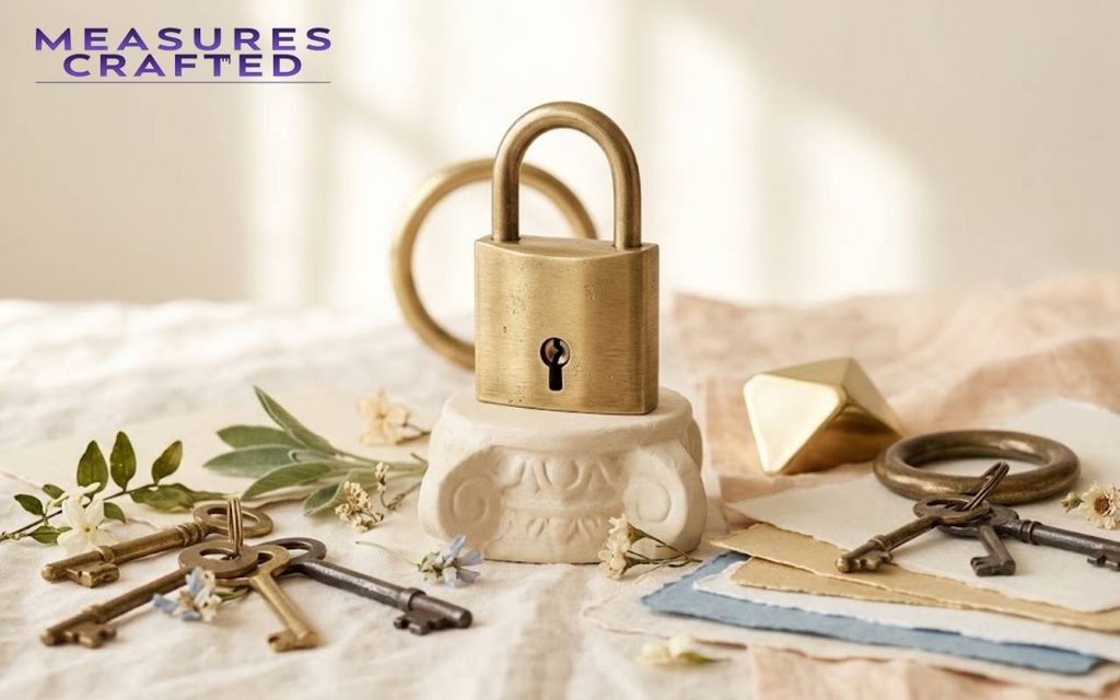 A 2 inches padlock sits on a stone base, flanked by scattered skeleton keys. Surrounding it are fabrics, dried flowers, and paper.