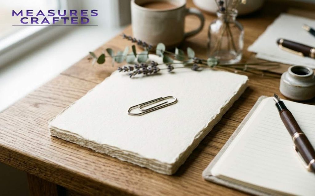 Silver paperclip on paper stack beside a fountain pen and notebook on a wooden desk.