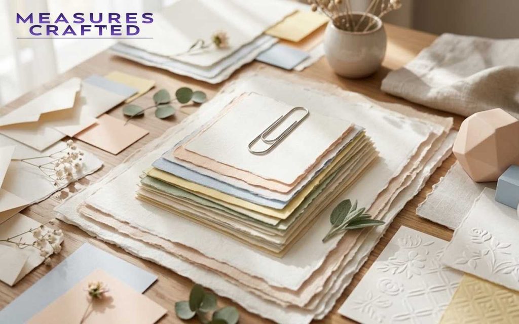 A paperclip centered on a stack of pastel papers. Surrounded by stationery, cards and geometric shapes.