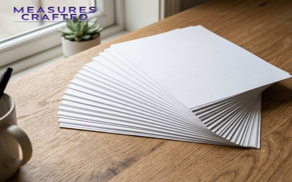 A fanned stack of white paper sheets sits on a wooden desk near a succulent, pen, and window.