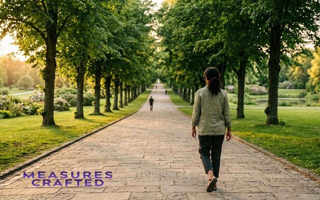 Back view of a person walking on a long, tree-lined stone path in a park at sunset.