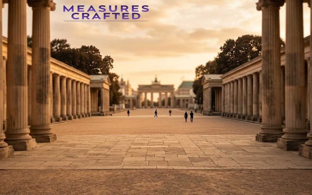 Silhouetted figures walking across a grand, column-lined stone plaza bathed in warm golden light.