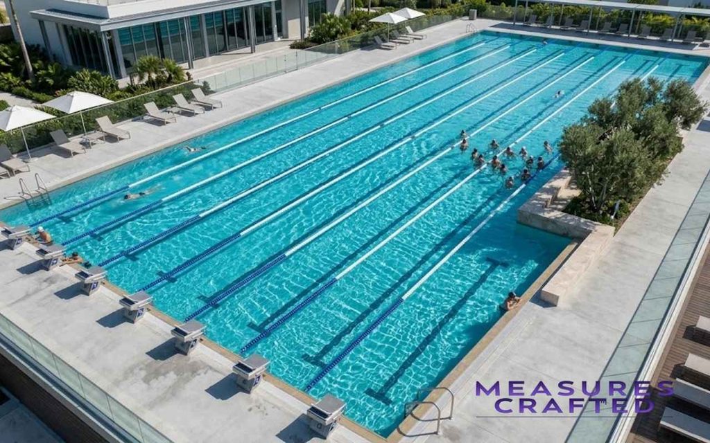 Aerial view of people swimming in a long outdoor lap pool with lane dividers on a sunny day.