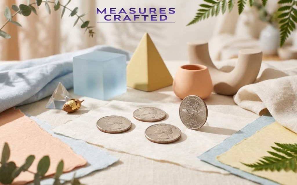 US quarter coins on textured cloth surrounded by geometric shapes. Decorated with soft fabrics, ceramics, and green foliage.