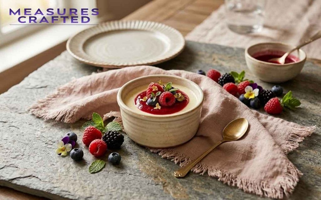 Dessert ramekin with berry sauce on slate, surrounded by raspberries, blueberries, flowers, and gold spoon.