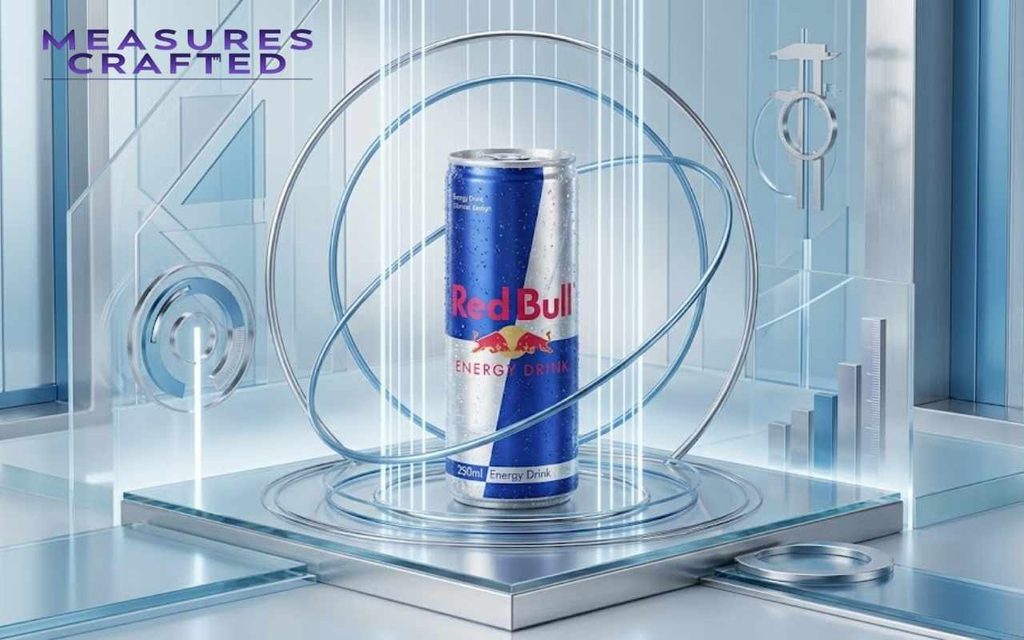 Red Bull can in a futuristic, conceptual setting surrounded by orbital rings and glowing lines.