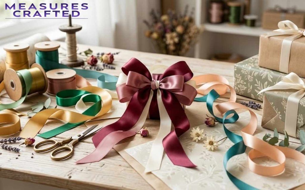 A craft table with ribbon spools, a burgundy satin bow, wrapped gifts, scissors, and flowers.