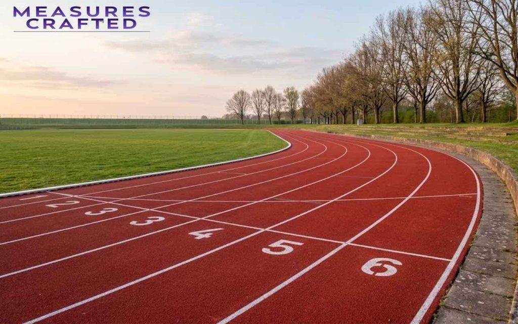 Curved red running track with white lane numbers one through six beside a green field featuring 500 feet.