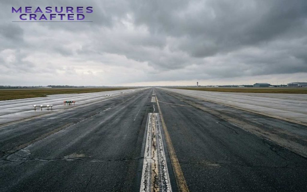 Empty, cracked asphalt runway with faded centerline markings stretching toward a horizon under overcast, moody skies.