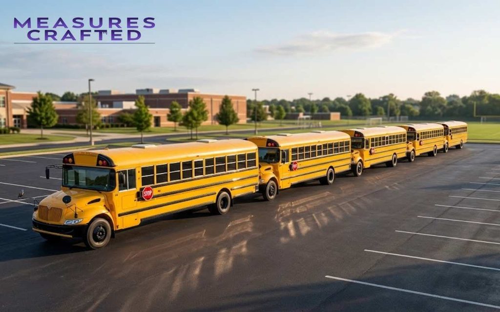 Row of yellow school buses parked in a school lot illustrating a length of about 100 feet.