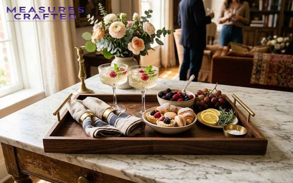 A 9 inches wooden tray on a counter holds sparkling wine, berries, and tarts during a gathering.
