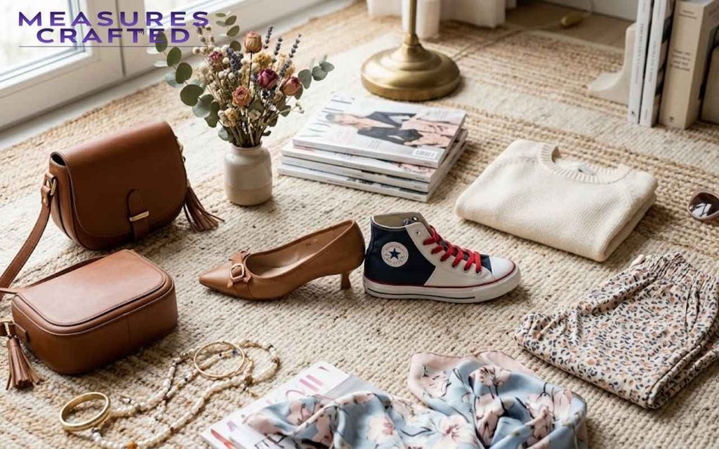 Brown leather bags, 9 inches shoes, a sweater, and books on a textured rug by a window with a flower vase.