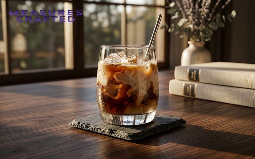 Iced coffee with milk on a 4 inches slate coaster, with a metal straw, by a sunlit window.