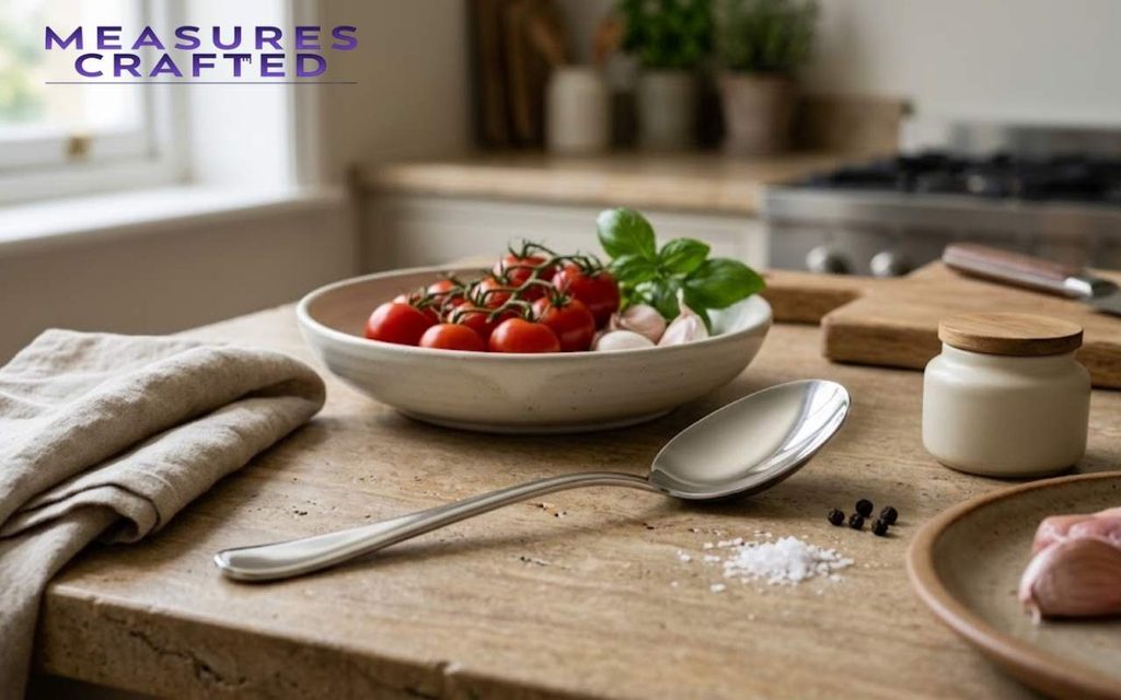 Spoon on stone counter, cherry tomatoes, basil, garlic, salt, pepper, linen napkin.