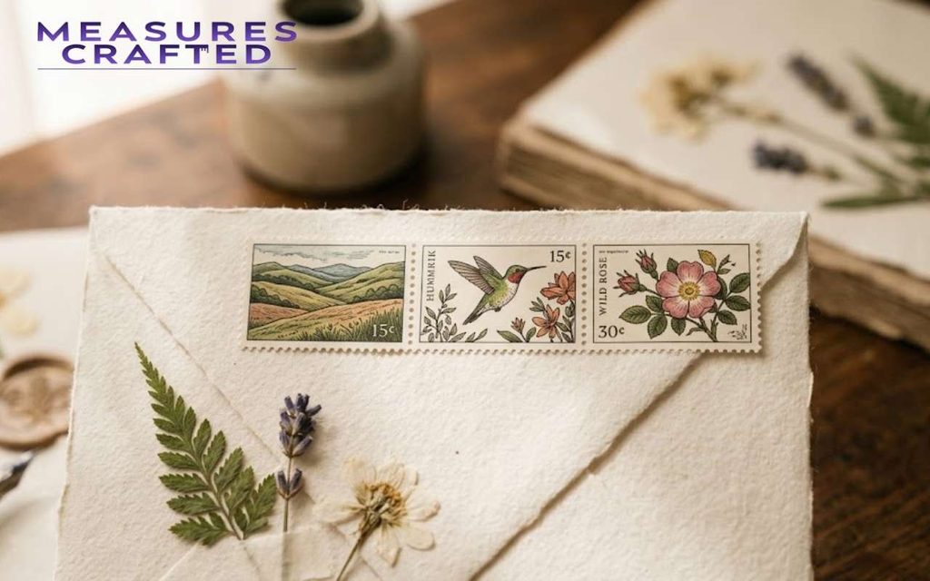 Three illustrated postage stamps on a textured cream envelope with dried flowers and leaves.