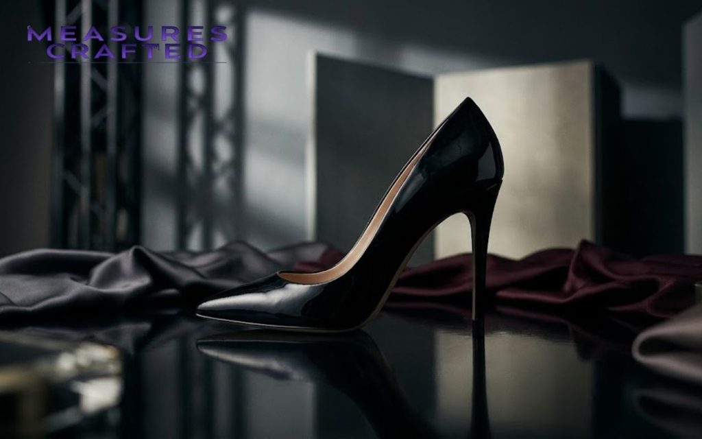 Side view of a glossy black patent leather pump with a slender 4 inches stiletto heel.