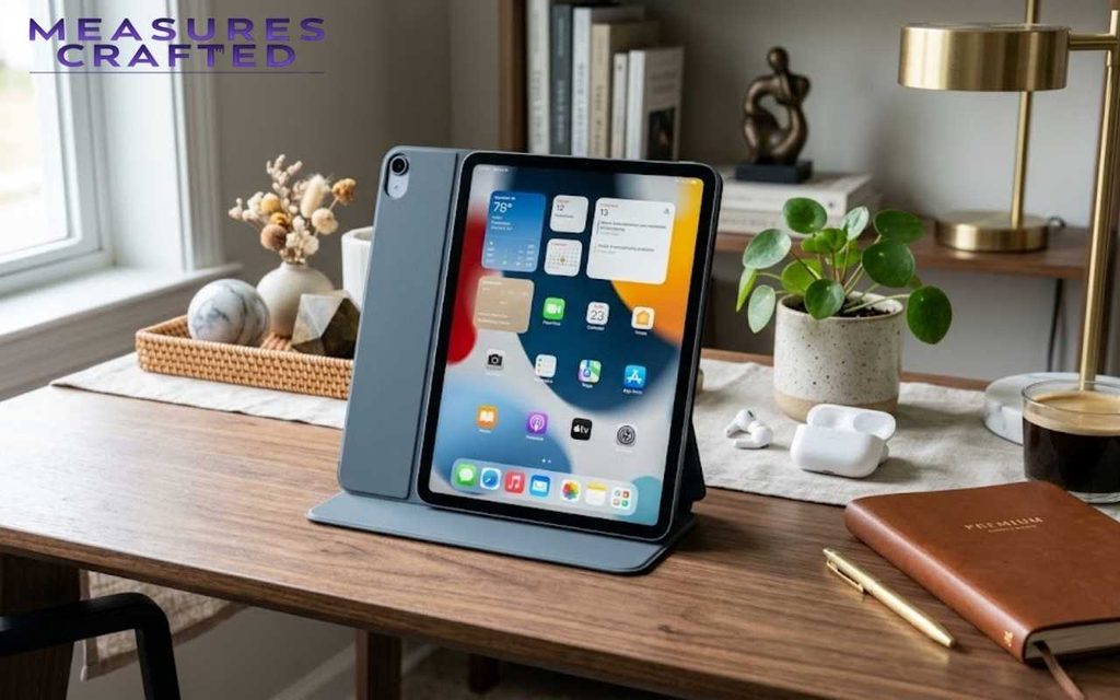 9 inches iPad propped on a wooden desk beside AirPods, a notebook, and a small potted plant.