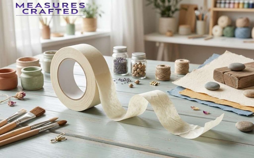 A roll of masking tape sits on a light teal wooden surface with crafting supplies.
