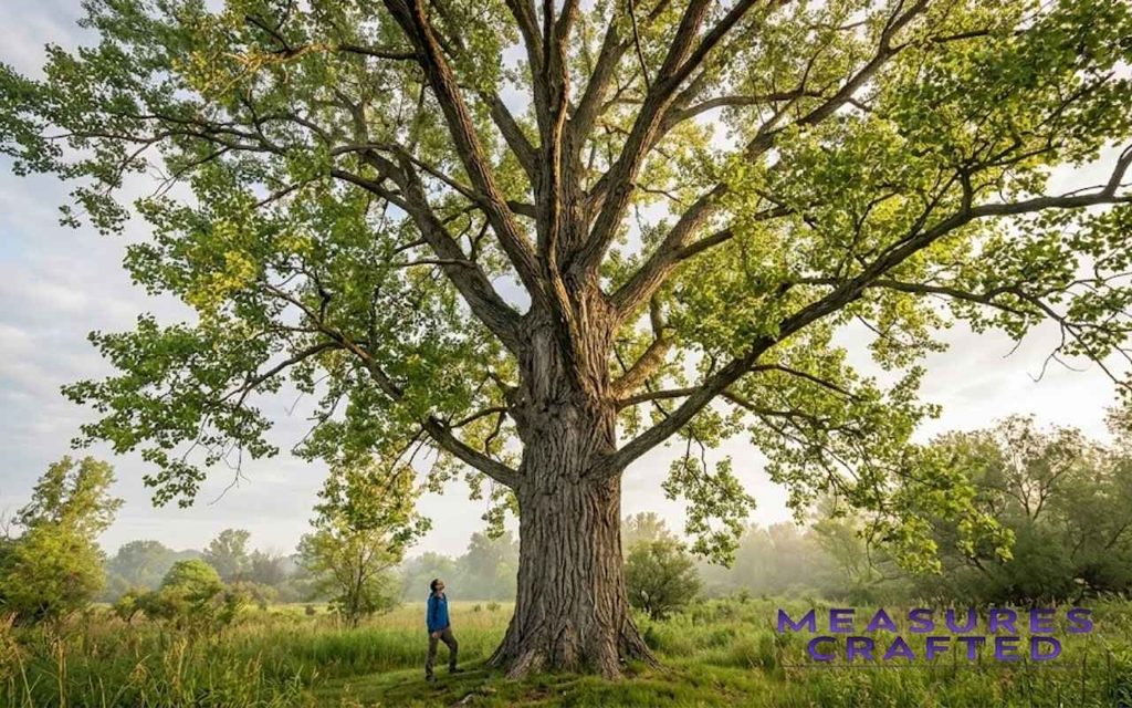 A person stands by a massive cottonwood tree that towers 100 feet tall in a field.