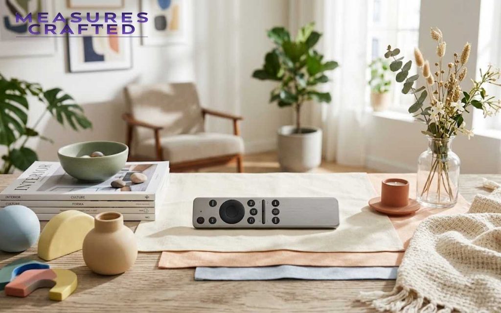 A TV remote centered on fabric napkins on a wooden table. Surrounded by ceramic decor, magazines, a vase of flowers in a living room.