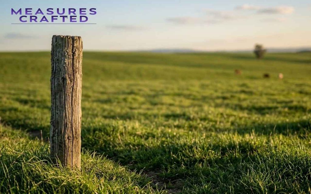 A weathered wooden fence post stands in a vast, sunlit 100 acres green field under afternoon sky.