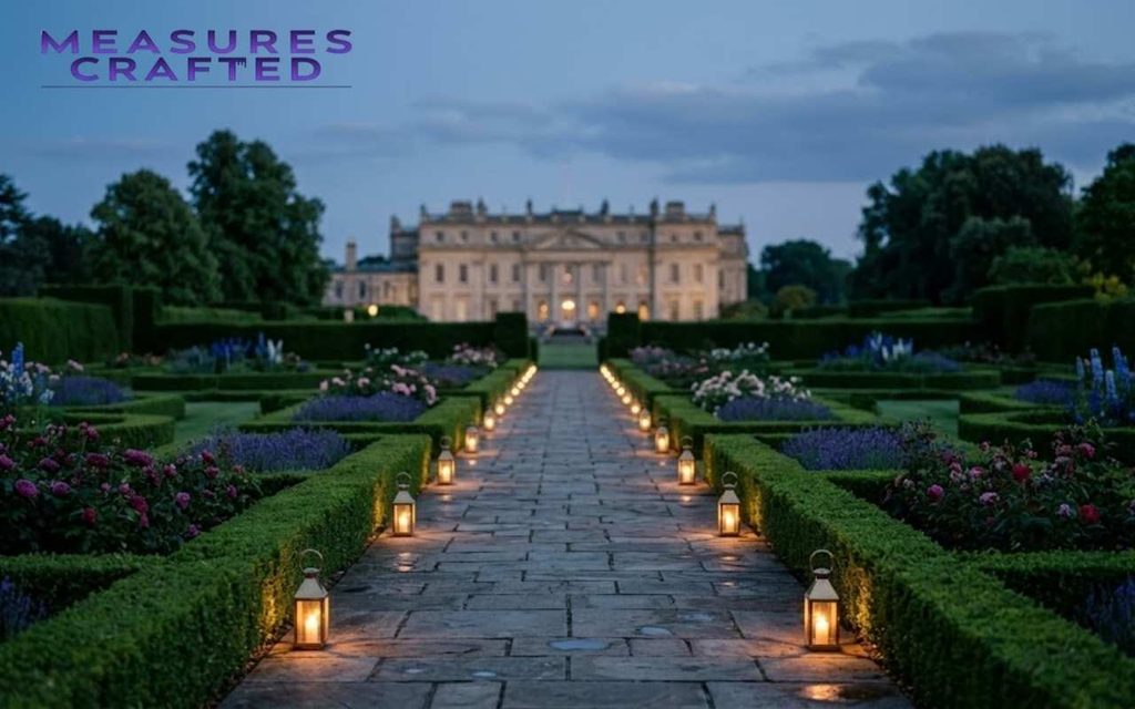 Lantern-lined stone path through formal dusk gardens leading toward a grand, blurred estate.