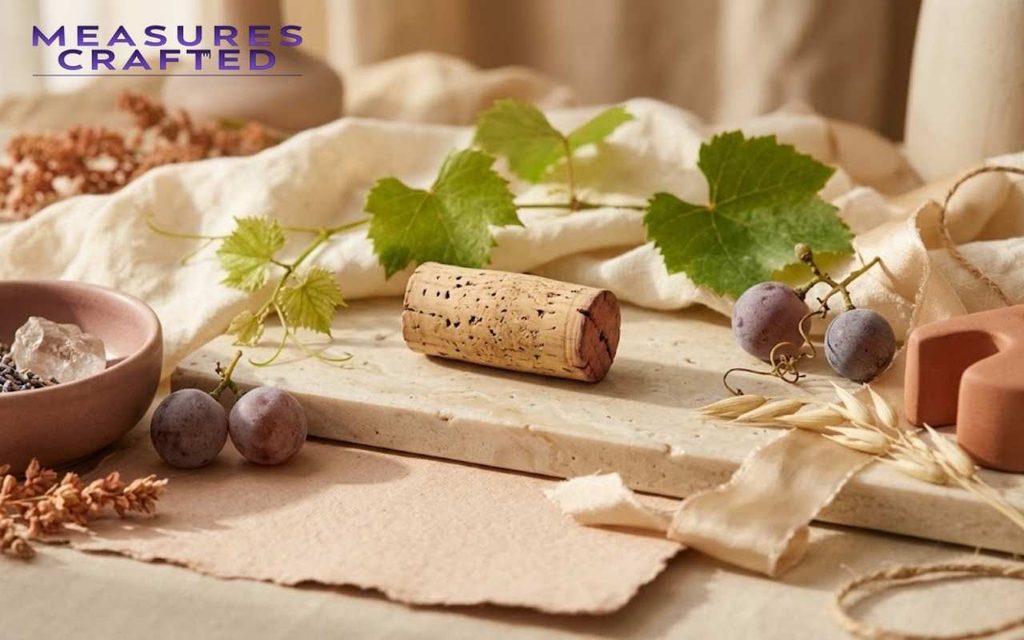 A single wine cork sits centered on a beige stone slab. It is surrounded by grapes, vine leaves, and lavender.