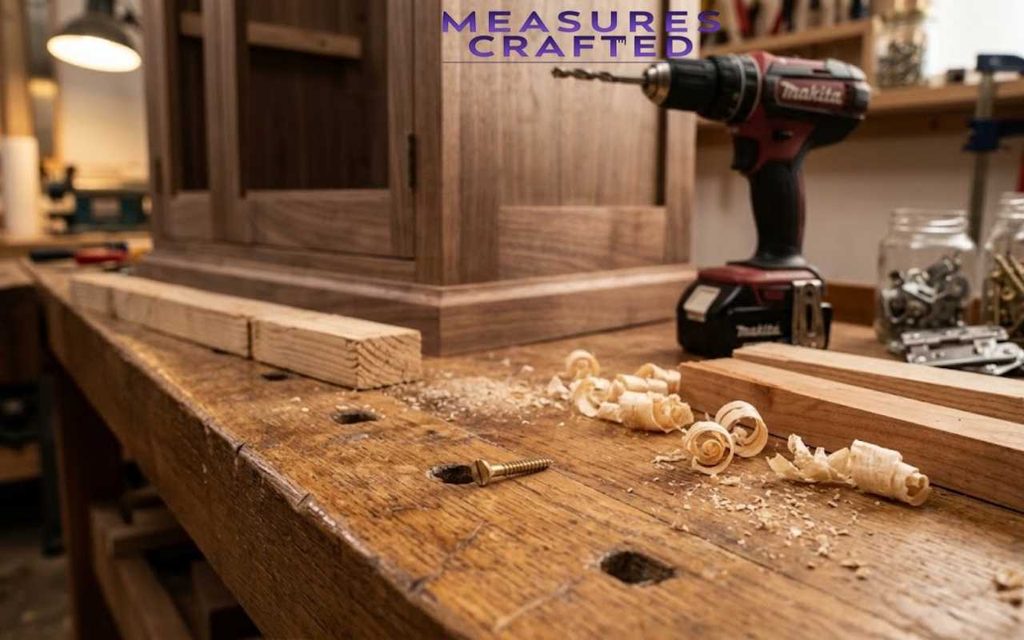 A wood screw rests on a workbench beside wood shavings, a wooden cabinet, and a red cordless drill.