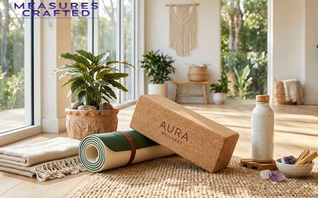 Aura cork yoga block, rolled green mat, folded blanket, and water bottle in a bright room featuring 9 inches.