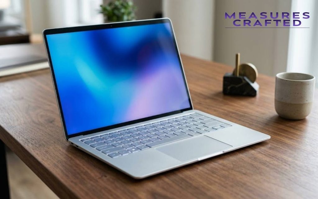 A slim silver laptop sits open on a walnut desk, displaying a blue-to-purple gradient.